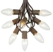 C9 Clear Outdoor Christmas Lights - 25 Foot Brown Wire Roofline Patio String Lights