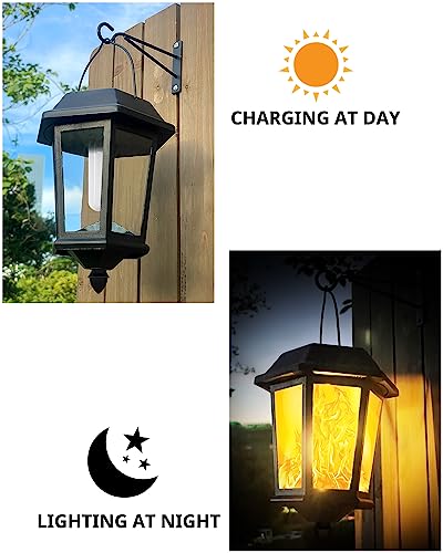 Solar Lanterns Outdoor Waterproof, Hanging Solar Lights with Glass Shade - 2 Pack LED Metal Wall Mount Outdoor Light for Yard/Garden/Patio - Flame