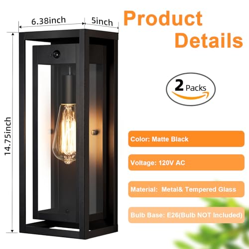15" Motion Sensor Outdoor Wall Lights, Outdoor Sconces, 2 Pack