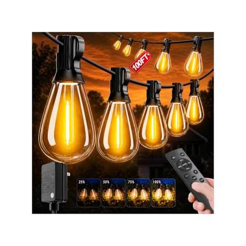 Likesky 100FT LED Outdoor String Lighats with Remote Waterproof Patio Lights with Shatterproof S11 Bulbs, Dimmable Outside Hanging Light Connectable for Porch Backyard Yard Garden Decor 2700K