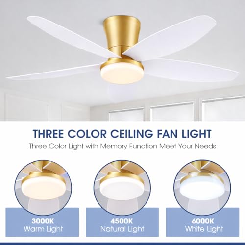 Surtime 42" Ceiling Fans with Lights-Low Profile Ceiling Fan with Light and Remote/APP Control,Flush Mount Gold Ceiling Fan with Reversible White Blades