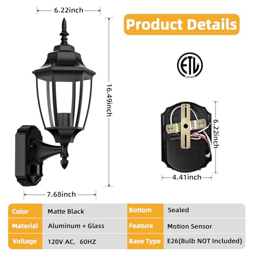 Lamomo Motion Sensor Outdoor Wall Lights, Outside Porch Lamps, Black