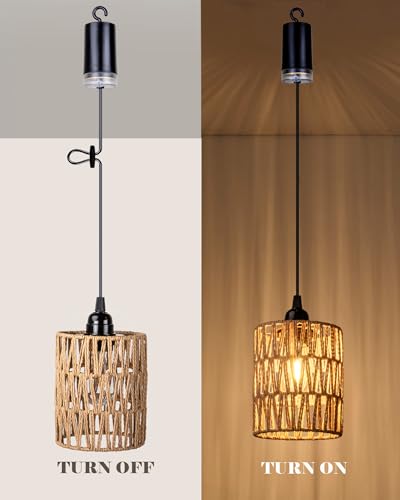 Battery Operated Chandelier, Battery Hanging Pendant Light, Rattan Lights with Warm White Bulb, 4*AA Battery Powered, for Gazebo Pergola Porch Patio Outdoor Indoor Decor (2)