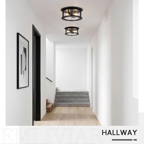 Emliviar 12.6" Farmhouse Flush Mount Ceiling Light, 2-Light Modern Close to Ceiling Light Fixture for Kitchen, Hallway Mounted Lantern with Clear Glass, Black Finish, YE19108-F1 BK