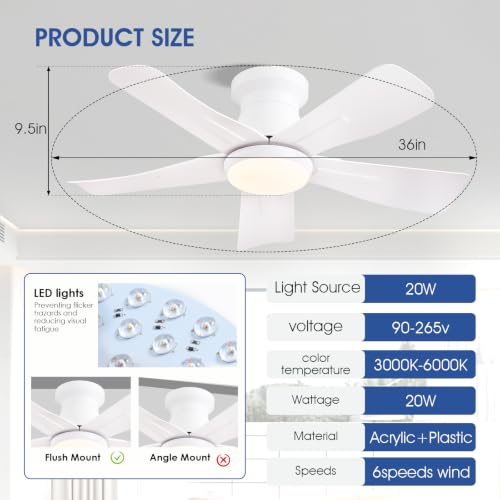 Surtime 36" White Low Profile Flush Mount Ceiling Fan with Light and Remote