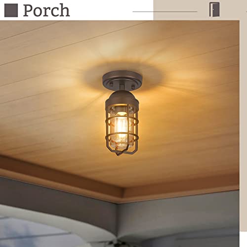 Emliviar 2 Pack Farmhouse Semi Flush Mount Ceiling Lights, Small Ceiling Lights for Porch, Clear Tempered Glass in Oil Rubbed Bronze Finish, GE255F-2PK ORB