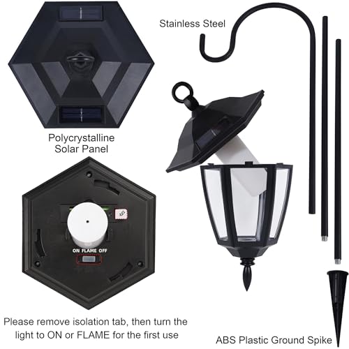 6 Pack Solar Flame Hanging Lights Outdoor, Halloween Solar Flickering Flame LED Garden Lanterns with 6 x 38 Inch Shepherd Hooks, Christmas Lighting for Lawn Patio Yard Pathway Driveway