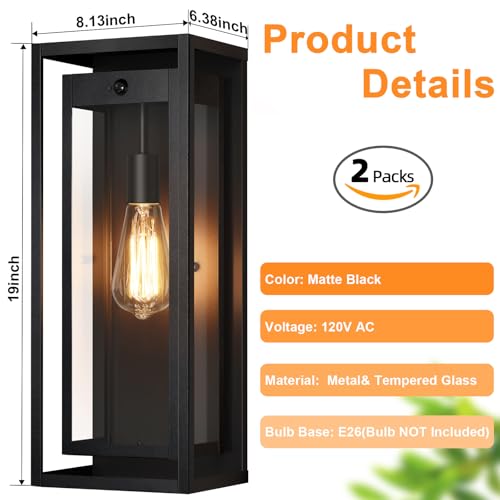 19" Motion Sensor Outdoor Wall Lights, 2 Pack Large Dusk to Dawn Outdoor Lights, 2 Lighting Modes Waterproof Anti-Rust Wall Sconces, Exterior Lighting Fixtures for Front Door, Porch, Garage