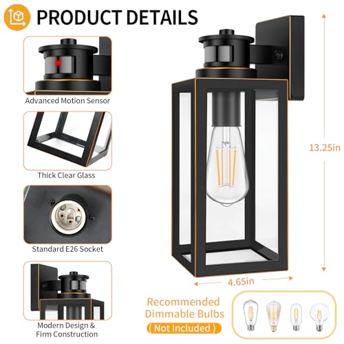 2-Pack Motion Sensor Outdoor Wall Lights, Waterproof Dusk to Dawn Exterior Wall Light Fixtures, Oil Rubbed Bronze Outside Porch Lights for House Garage, Motion Sensor Wall Lanterns with Clear Glass