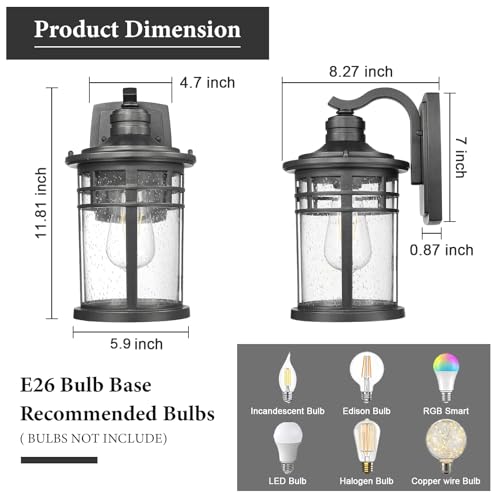 Darkaway Outdoor Porch Lights Wall Mount, Outdoor Light Fixtures Sconces Wall Lighting with Seeded Glass Waterproof Exterior Lights for Patio Yard House Hallway Doorway Garage(2 Pack, Black)