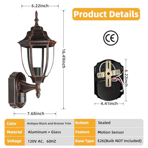 Lamomo Motion Sensor Outdoor Wall Lights Porch Lamp, Black and Bronze