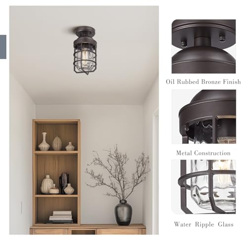 Emliviar Pack of 2 Semi-Flush Mount Ceiling Lights with Water Ripple Glass Shade, Vintage Metal Ceiling Lamps in Oil Rubbed Bronze Finish, GE255LF-2PK ORB-WG