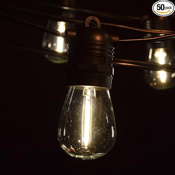 Hometown Evolution, Inc. 100' E26 Commercial LED Outdoor String Lights (100 Foot 50 Socket, S14 LED Filament 1 Watt | Lumora
