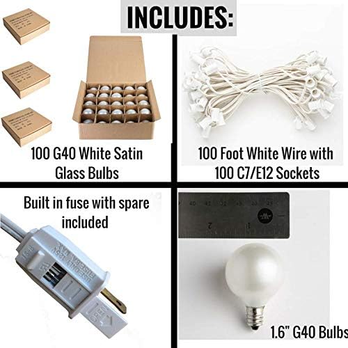 Hometown Evolution, Inc. 100 Foot G40 White Pearl Wedding String Lights with White Wire and G40 1.6 Inch 5 Watt Globe Bulbs for Parties, Patios, Backyards, Tents and More
