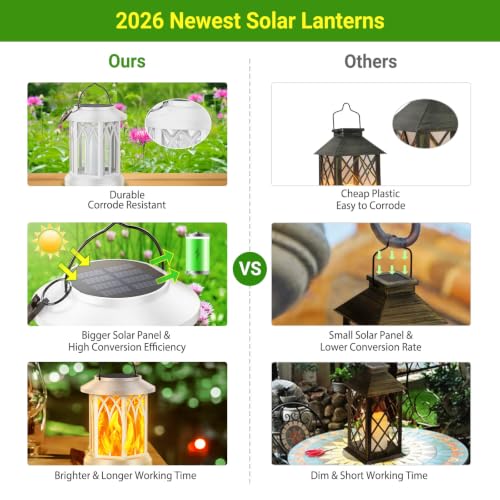 KOOPER 6 Pack Solar Lantern Outdoor Lights, Upgraded Flickering Flame Solar Lanterns Outdoor Waterproof, Auto ON/Off Lanterns Decorative Outdoor, Hanging Lantern for Yard Patio Garden Decor (White)