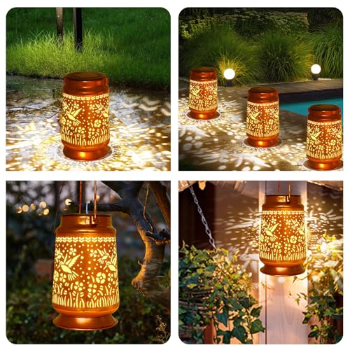 Solar Lantern Outdoor Hanging 4PCS — Metal Hummingbird Solar Lights with Floral Projection, IP65 Waterproof, Auto On/Off, 8–12H Illumination, Garden Décor Gift for Mom Grandma Women
