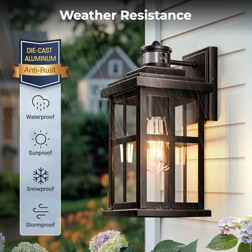 Large Motion Sensor Exterior Light Fixture, Bronze Dusk to Dawn Outdoor Wall Lights, Waterproof Exterior Lights for House, Porch, Doorway, Garage, 100% Aluminum