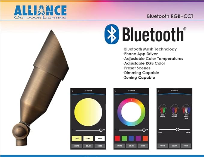 Alliance Outdoor Lighting BL200-BT Bluetooth Bullet Light, Integrated LED Bluetooth Landscape Lighting, Dimmable Path Spotlight, Solid Brass with Aged Brass Finish, 7.25 in x 2.5 in x 1.75 in