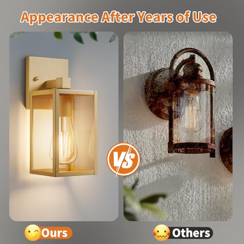 Outdoor Light Fixtures Wall Mount, Waterproof Front Porch Lights, Modern Exterior Lighting Fixtures with E26 Socket, Gold Wall Sconces Lantern Lamp, Outside Lights for House, Garage, Patio (2 Pack)