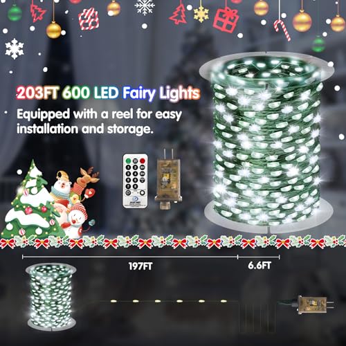 KNONEW 203FT 600LED Green Wire Outdoor Fairy Lights Plug in Cool White Xmas