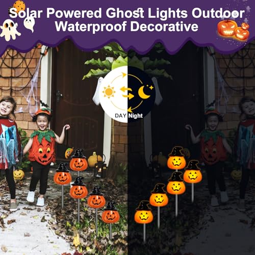 BRIGHTDECK Halloween Pumpkin Stake Lights, Set of 10 Solar Pumpkin Lights, Waterproof Halloween Decorations for Outdoor Garden and Yard (Hat Pumpkin)