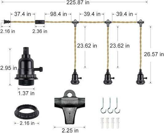 Fantado Jute Rope Triple Socket Black Pendant Light Lamp Cord for Lanterns, Switch, 19 FT by PaperLanternStore