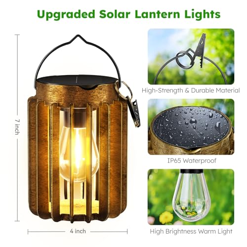 2 Pack Solar Lanterns Outdoor Waterproof, Retro Hanging Lantern, Bronze