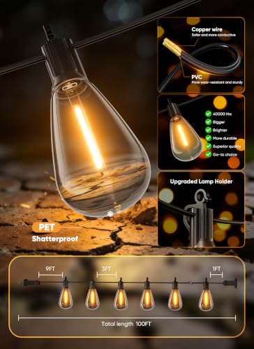 Minetom 100FT Solar String Lights Outdoor Waterproof, S14 Patio Lights