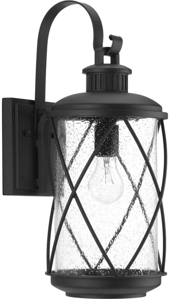 Progress Lighting Hollingsworth Collection 1-Light Clear Seeded Glass Farmhouse Outdoor Medium Wall Lantern Light Textured Black