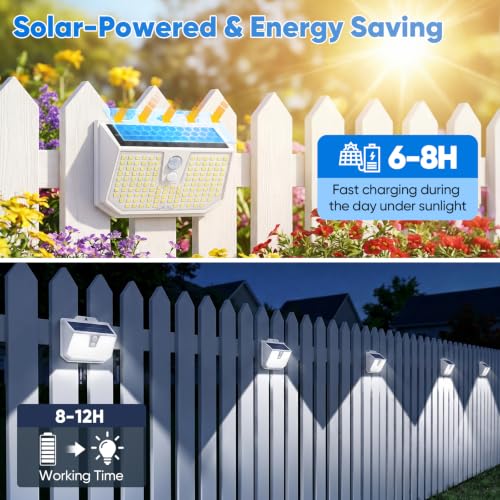 Brightever 6-Pack Solar Lights Outdoor Motion Sensor, Solar Security Lights with 3 Lighting Modes, IP65 Waterproof Solar Wall Lights for Outside, Fence, Deck, Step, Cool White