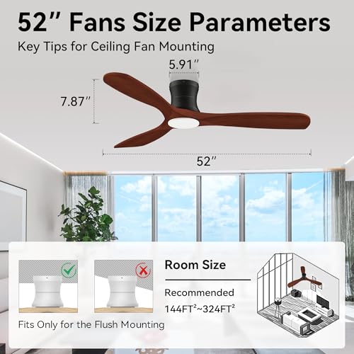 52” Wood Smart Low Profile Ceiling Fans with Lights and Remote,Flush Mount