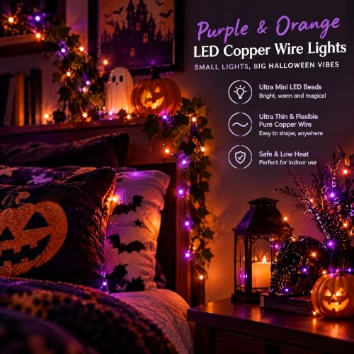 Dazzle Bright Purple and Orange Halloween Fairy String Lights, 4 Pack Total 80FT 240LED Copper Wire Battery Operated Waterproof Lights, Halloween Decorations for Indoor Home Patio Yard Party Decor