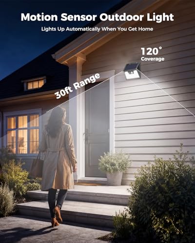 140LED Solar Powered Lights Outdoor Waterproof, 3 Packs Motion Sensor Light Ultra-Bright, 3 Modes Fence Security Lighting for Outside Yard Wall Deck Step Garden(Cool White)