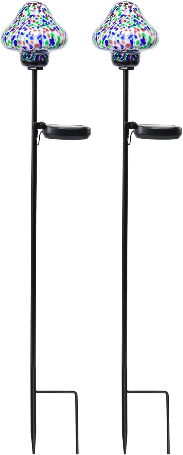 Bshine Mushroom Solar Outdoor Lights, Mosaic Mushroom Lamp Hand-Blown Glass Waterproof Metal Stakes Decorate | Lumora