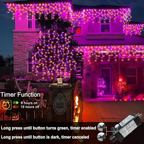 66ft Christmas Lights Outdoor, 640 LED Icicle Lights for Outside, Orange and Purple Twinkle Lights with Connectable Clear Wire 8 Modes Timer Waterproof for House Party Tree Holiday Yard Decorations