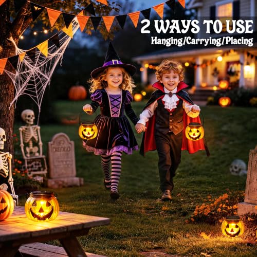 Brizled Halloween Pumpkin Solar Lantern, 2 Pack Glass Hanging Light Outdoor