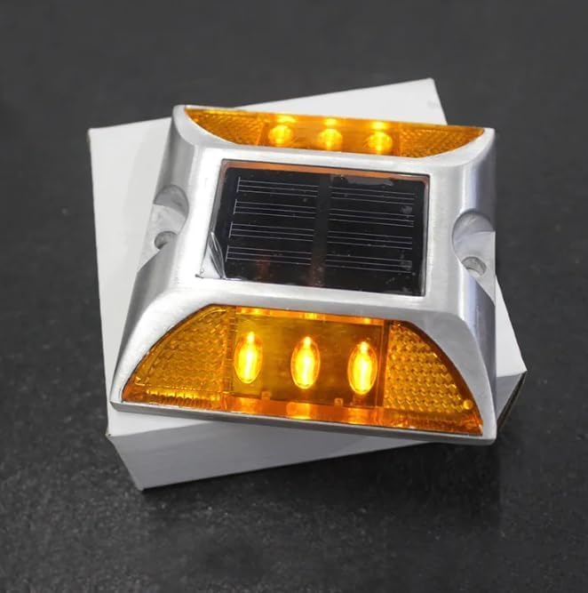 Chandler Solar Driveway Ultra Bright Dock Deck Lights Wireless Solar Powered Waterproof Outdoor Warning Step Lights for Driveway Pathway Metal Ground 6 LED Light 3 Each Side Yellow Color (Pack of 1)