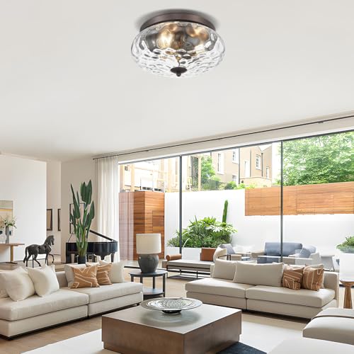 Darkaway Oil-Rubbed Bronze Ceiling Light Fixtures, 3-Light Flush Mount Ceiling Light with Water Ripple Glass Shade for Indoor Outdoor Hallway Kitchen Bedroom Porch Schoolhouse