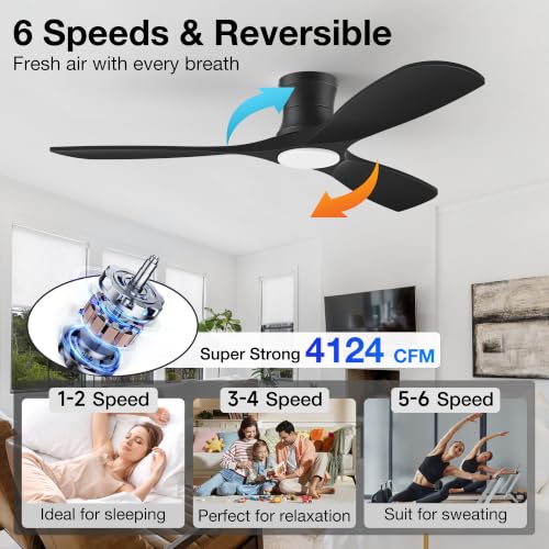 52” Smart Low Profile Ceiling Fans with Light Remote,Flush Mount,Black,Wood
