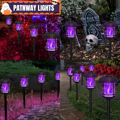 Dynaming 6 Pack Solar Flame Torch Lights Outdoor, Dual Use Flickering Purple Flame Garden Light, Hanging Lantern, Auto On/Off & Waterproof Halloween Lighting for Lawn Patio Yard Walkway Driveway