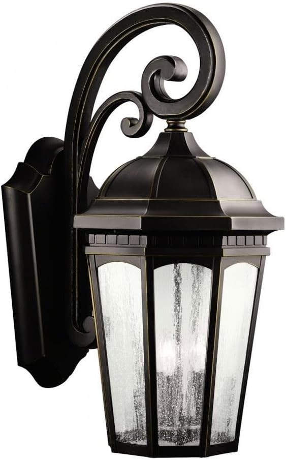 Kichler Courtyard 26.5" 3 Light Outdoor Wall Light with Clear Seeded Glass in Rubbed Bronze | Lumora