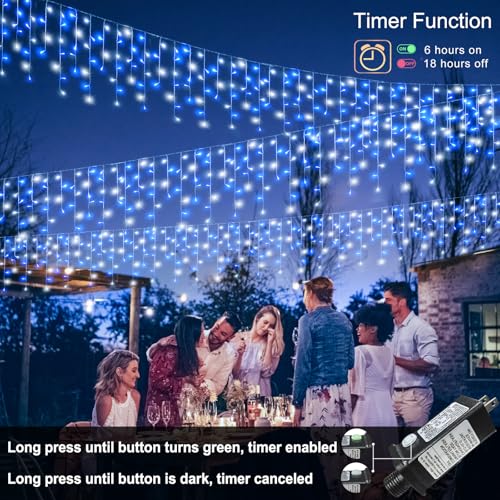99ft Blue and White Christmas Lights, 1216 LED Icicle Lights for Outside House Clear Wire Twinkle Light with 8 Modes Timer Waterproof for Window Party Tree Holiday Patio Yard Home Decor