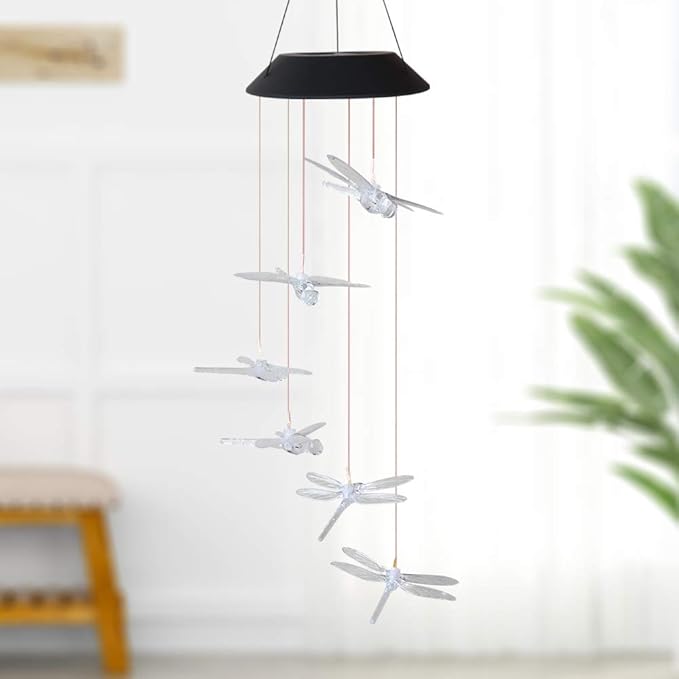 Solar Mobile Lights Hanging Wind Chime, Color Changing Outdoor Solar Garden Decorative Lights for Walkway Pathway Backyard Decoration Parties (Clear Dragonfly)
