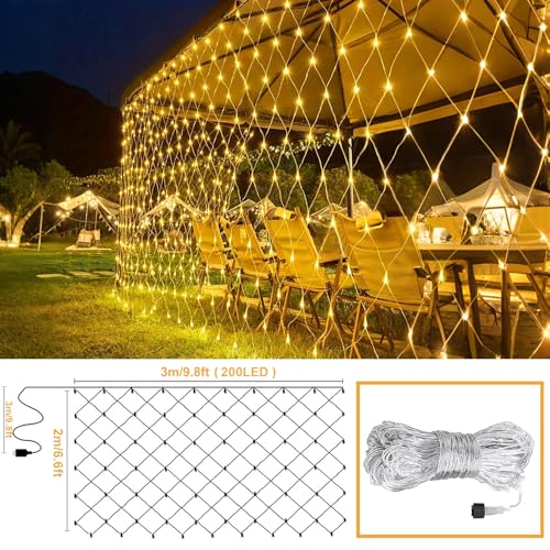 JMEXSUSS Net Lights Outdoor Mesh Lights, 200 LED 9.8ft x 6.6ft Christmas Net Light Outdoor Waterproof, Plug in Bush Light for Lawn Ceiling Hedge Garden Patio Christmas Tree Decor(Warm White)