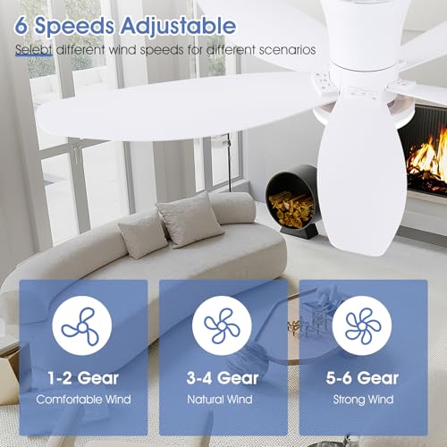 Surtime Flush Mount RGB Ceiling Fans with Lights-48 Low Profile Ceiling Fan with Light and Remote/APP Control,DC Reversible,LED Dimmable Ceiling Fans for Bedroom,Indoor/Outdoor Patio Use(White)