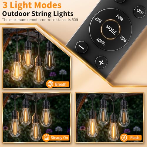 Hotsonic Remote Control Outdoor String Lights Waterproof, 100FT LED Outside Lights with Shatterproof Bulbs, Dimmable Hanging S14 Lights 3 Modes for Patio Porch Garden Pergola Yard House Party Decors