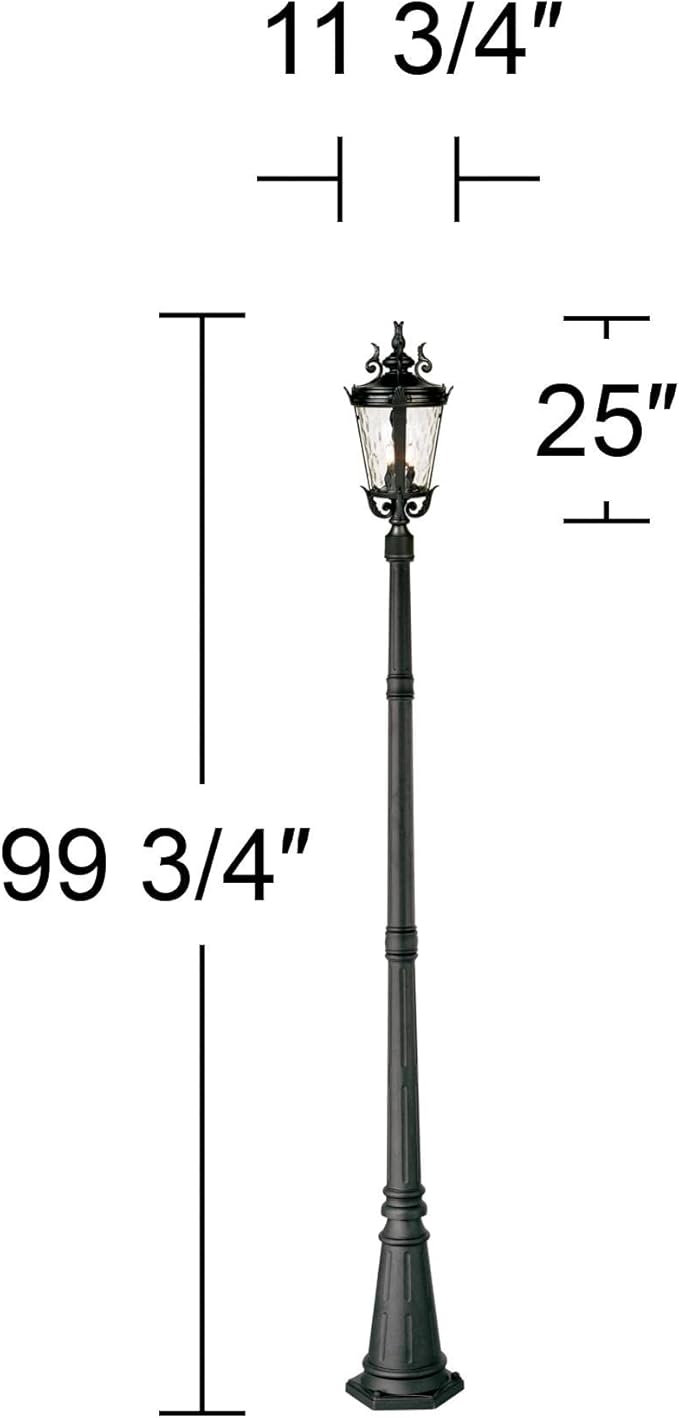 John Timberland Marseille Traditional Outdoor Post Light with Flat Base Textured Black 99 3/4" Clear Hammered Glass | Lumora
