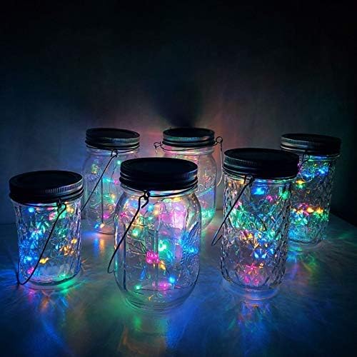 Solar Mason Jar Lights, 6 Pack 20 LED Waterproof Fairy Star Firefly String Lights with 6 Hangers (Jar Not Included), for Mason Jar Garden Wedding Christmas Party Decor(4 Colors)