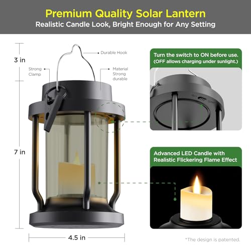 Solar Lantern Outdoor & Indoor Use – Hanging Solar Lights with Realistic Flickering Flameless Candle, Weatherproof for Gardens, Patios, Trees, and Lawns (Black + Gray, 1 Pack)