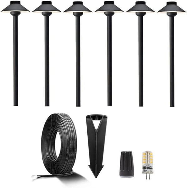 Gardenreet Brass Low Voltage Black Path Lighting Kit (6 Pack Path Lights) with 100 Feet Cable and 30Pack Wire | Lumora